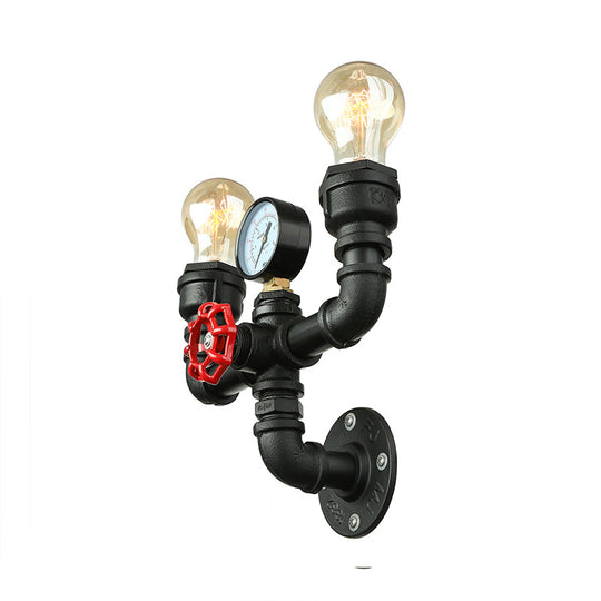 Steampunk Restaurant Wall Lighting in Black: 2/3-Lights Wall Mount with Metal Pipe and Gauge