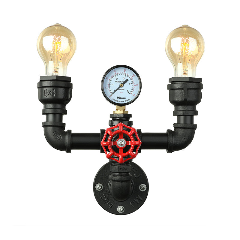 Steampunk Restaurant Wall Lighting in Black: 2/3-Lights Wall Mount with Metal Pipe and Gauge