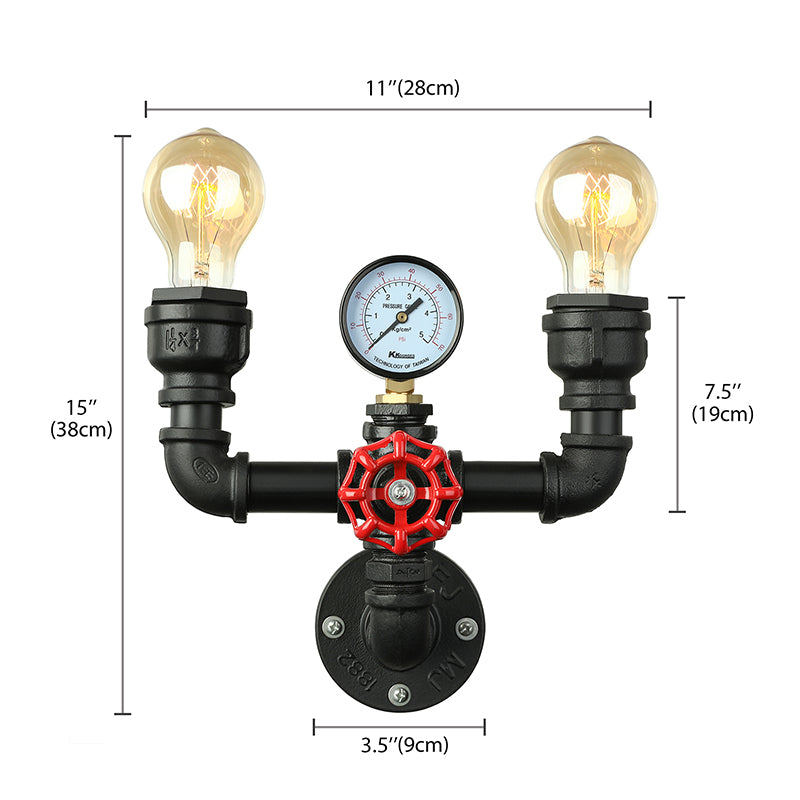 Steampunk Restaurant Wall Lighting in Black: 2/3-Lights Wall Mount with Metal Pipe and Gauge
