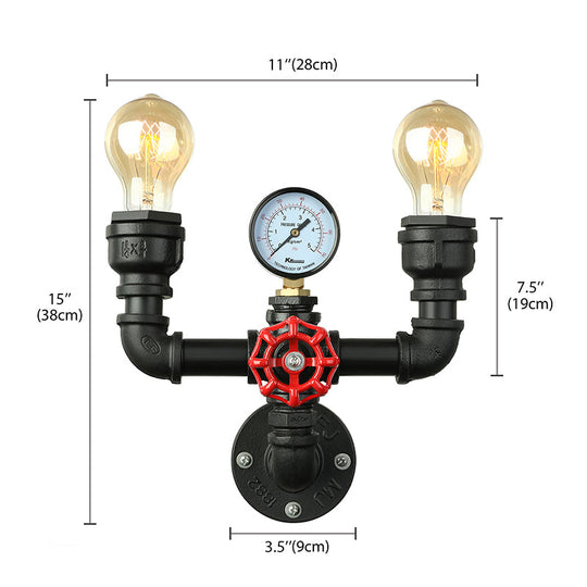 Steampunk Restaurant Wall Lighting in Black: 2/3-Lights Wall Mount with Metal Pipe and Gauge