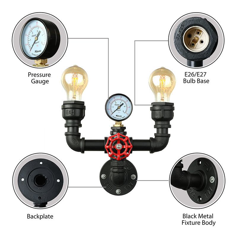 Steampunk Restaurant Wall Lighting in Black: 2/3-Lights Wall Mount with Metal Pipe and Gauge