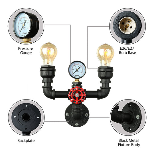 Steampunk Restaurant Wall Lighting in Black: 2/3-Lights Wall Mount with Metal Pipe and Gauge