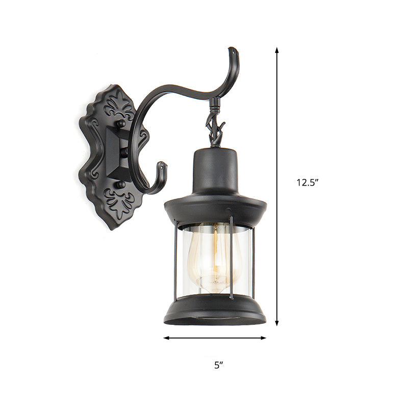 Vintage Glass Wall Mounted Lantern: Single Bulb Outdoor Sconce Light in Black with Carved Pattern
