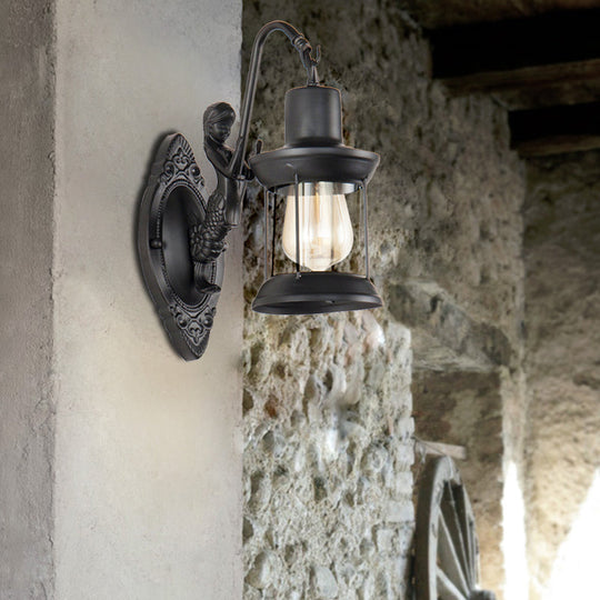 Clear Glass Wall Sconce Light with Mermaid Decoration - Industrial Black Lantern for Outdoor Lighting