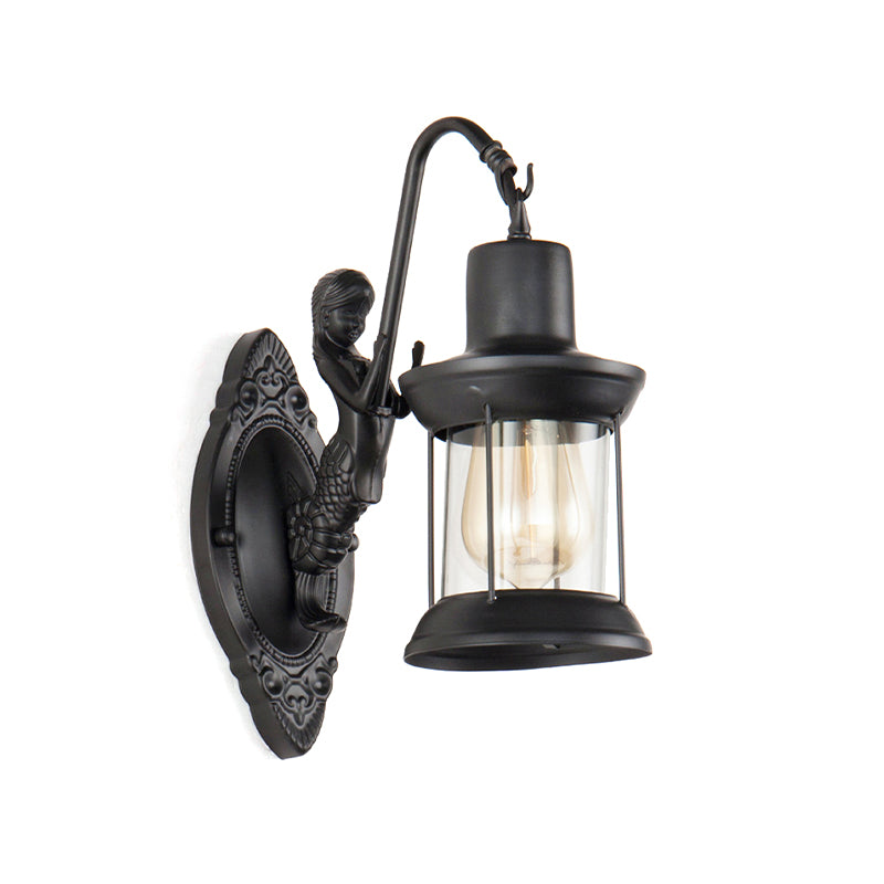 Clear Glass Wall Sconce Light with Mermaid Decoration - Industrial Black Lantern for Outdoor Lighting
