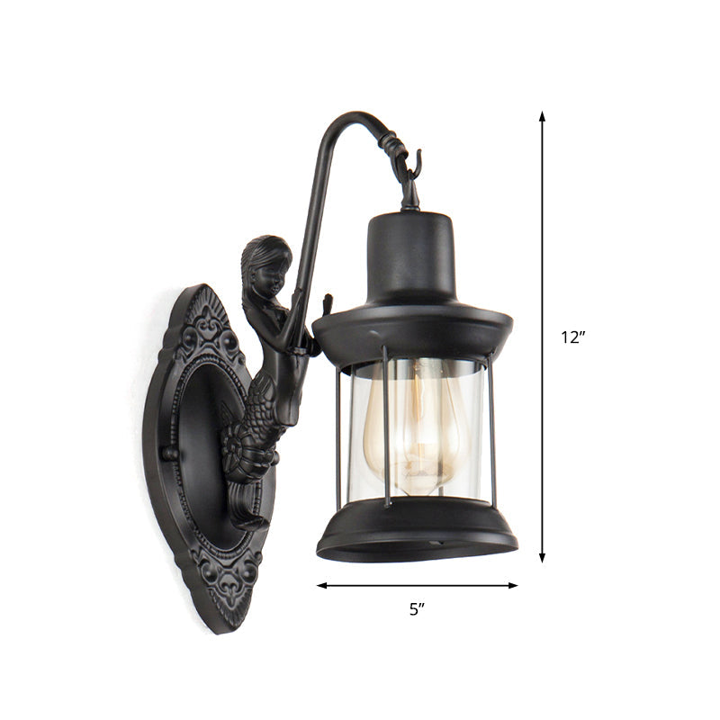 Clear Glass Wall Sconce Light with Mermaid Decoration - Industrial Black Lantern for Outdoor Lighting