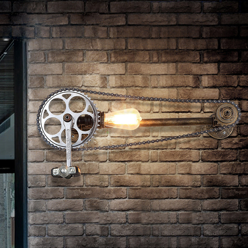 Industrial Metal Wall Sconce with Bronze Bicycle Chain Design, Water Pipe and 1 Bulb Head - Perfect for Bars