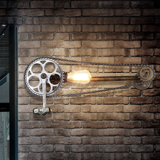 Industrial Metal Wall Sconce with Bronze Bicycle Chain Design, Water Pipe and 1 Bulb Head - Perfect for Bars