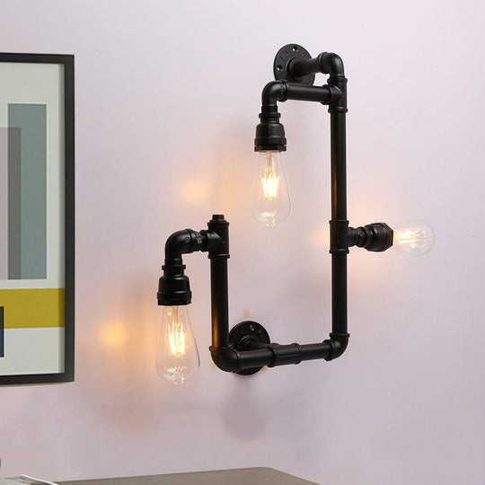 Industrial Twisted Pipe Wall Sconce - 3-Head Iron Wall Mounted Light Fixture in Black, Ideal for Restaurants