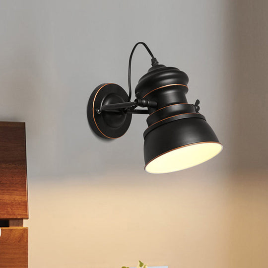 1-Head Wall Mounted Bedroom Sconce with Swivel Joint - Black Round Iron Lighting for Warehouse