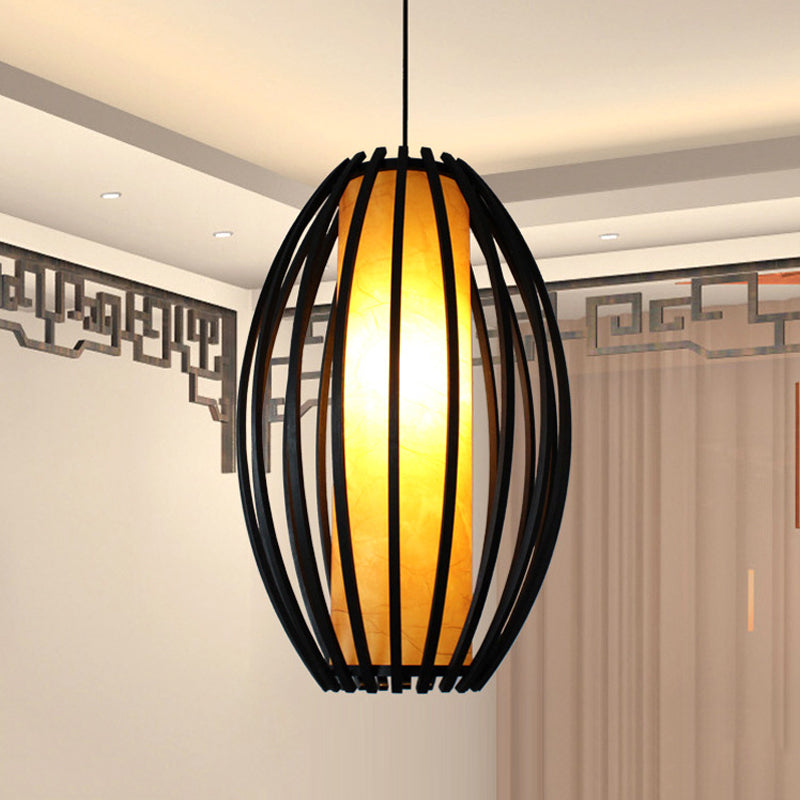 1-Light Traditional Oval Bamboo Cage Hanging Light Kit with Black Finish and Tube Shade