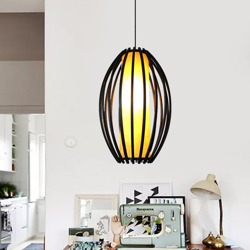 1-Light Traditional Oval Bamboo Cage Hanging Light Kit with Black Finish and Tube Shade