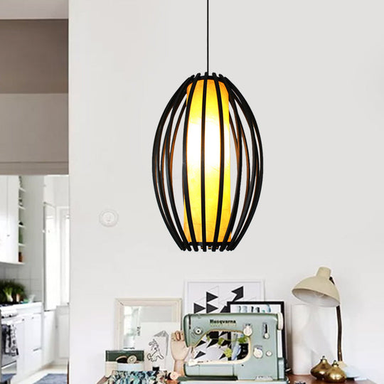 1-Light Traditional Oval Bamboo Cage Hanging Light Kit with Black Finish and Tube Shade