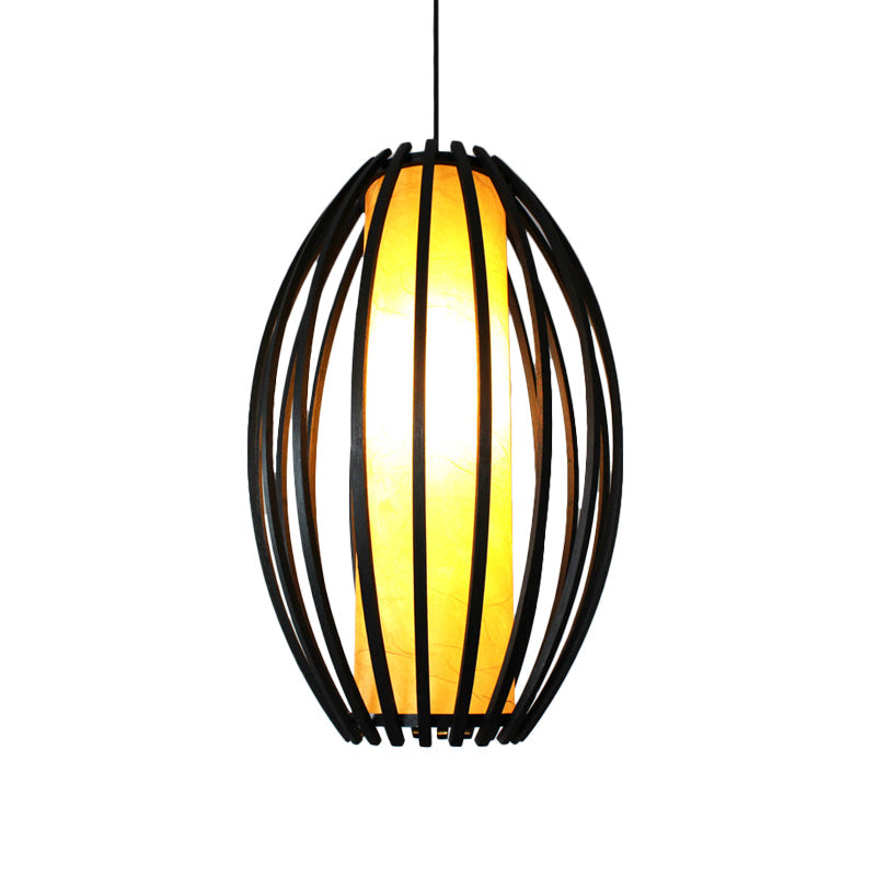 1-Light Traditional Oval Bamboo Cage Hanging Light Kit with Black Finish and Tube Shade