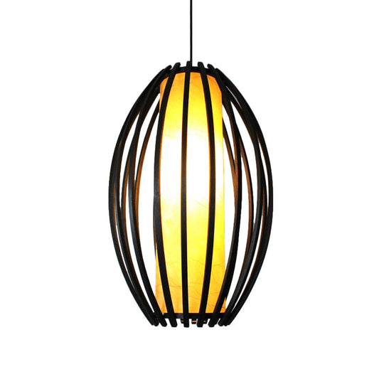 1-Light Traditional Oval Bamboo Cage Hanging Light Kit with Black Finish and Tube Shade