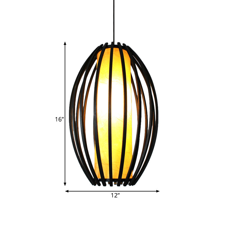 1-Light Traditional Oval Bamboo Cage Hanging Light Kit with Black Finish and Tube Shade