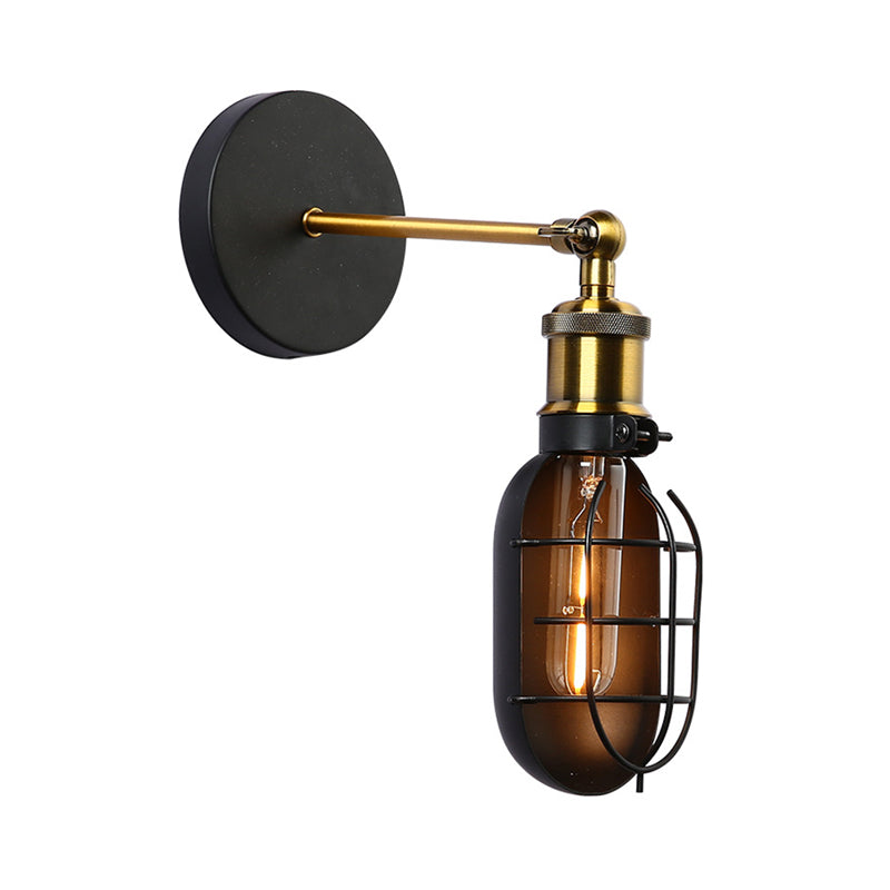 Industrial Metal Black and Brass Wall Lamp with Capsule Cage Design - 1 Head Sconce for Restaurant and Home
