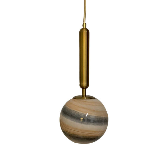 Modern Brass Pendant Bedroom Lamp with Tan/Blue Glass Shade