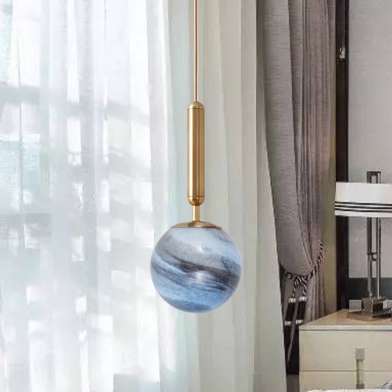 Modern Brass Pendant Bedroom Lamp with Tan/Blue Glass Shade