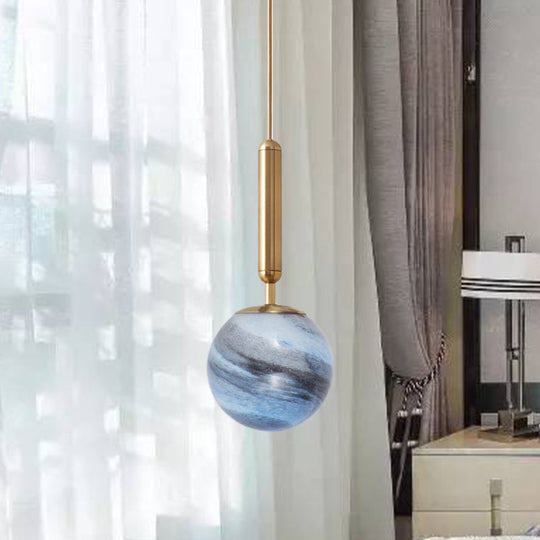Modern Brass Pendant Bedroom Lamp with Tan/Blue Glass Shade