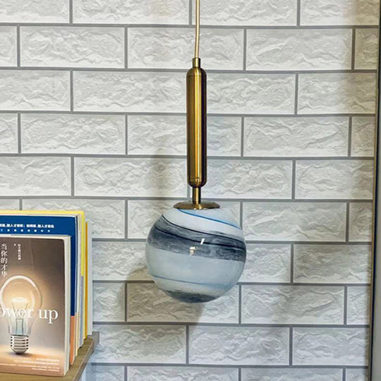 Modern Brass Pendant Bedroom Lamp with Tan/Blue Glass Shade