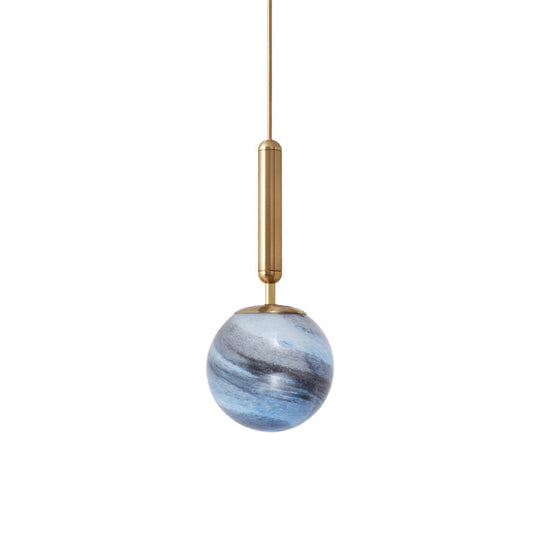 Modern Brass Pendant Bedroom Lamp with Tan/Blue Glass Shade