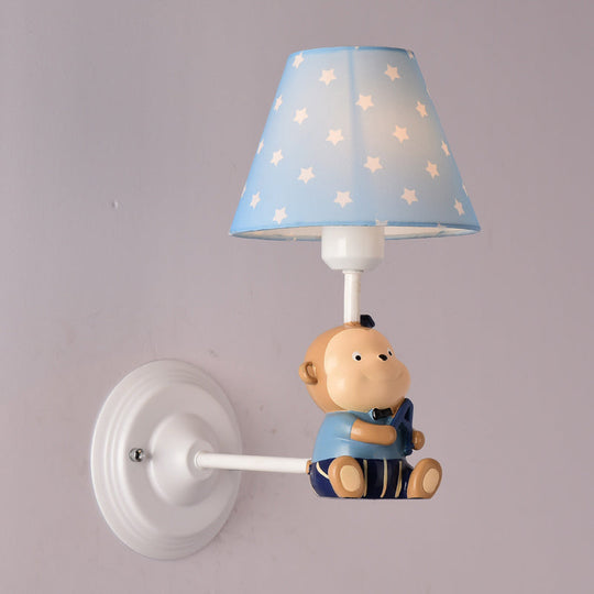 Kids Cone Bedside Wall Light in Blue/Red - Cartoon Sconce with Little Bear Decor