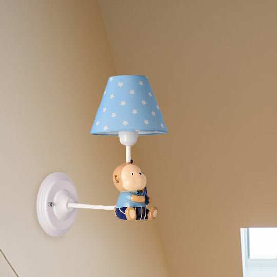 Kids Cone Bedside Wall Light in Blue/Red - Cartoon Sconce with Little Bear Decor