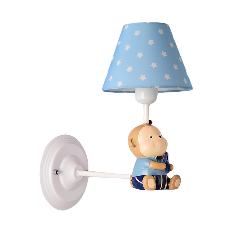 Kids Cone Bedside Wall Light in Blue/Red - Cartoon Sconce with Little Bear Decor
