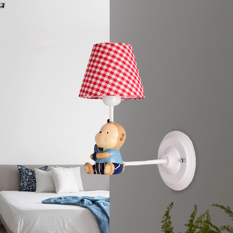 Kids Cone Bedside Wall Light in Blue/Red - Cartoon Sconce with Little Bear Decor
