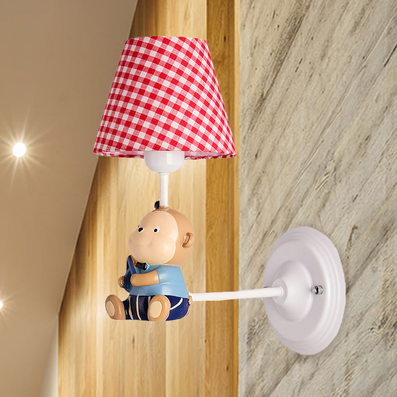 Kids Cone Bedside Wall Light in Blue/Red - Cartoon Sconce with Little Bear Decor