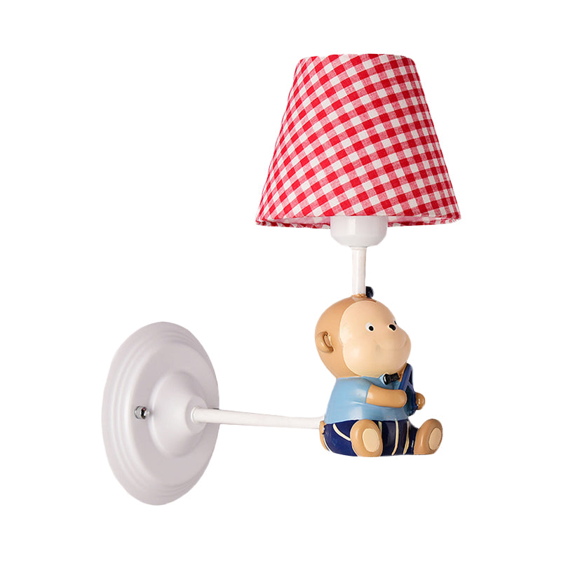 Kids Cone Bedside Wall Light in Blue/Red - Cartoon Sconce with Little Bear Decor