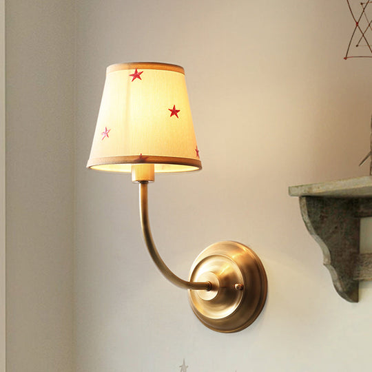 Kids White Wall Light Kit with Conical Star Patterned Fabric Sconce, Brass Curvy Arm & 1 Bulb