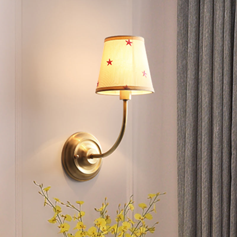Kids White Wall Light Kit with Conical Star Patterned Fabric Sconce, Brass Curvy Arm & 1 Bulb