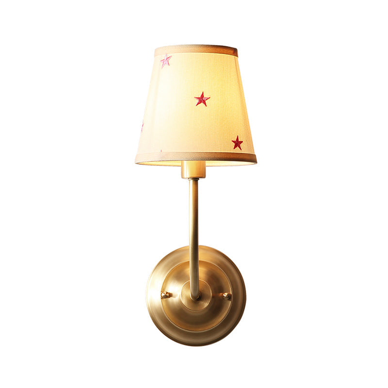 Kids White Wall Light Kit with Conical Star Patterned Fabric Sconce, Brass Curvy Arm & 1 Bulb