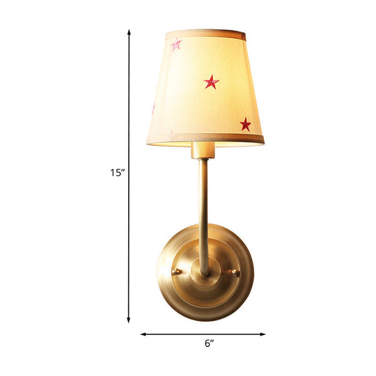 Kids White Wall Light Kit with Conical Star Patterned Fabric Sconce, Brass Curvy Arm & 1 Bulb