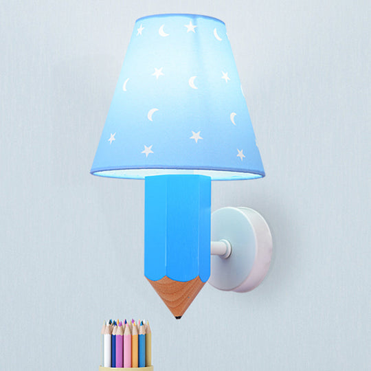 Blue Kids Pencil Wooden Wall Sconce with Conic Lamp Shade - Single-Bulb Light Fixture
