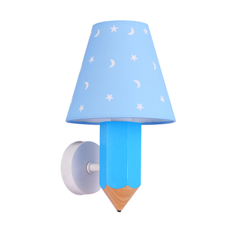 Blue Kids Pencil Wooden Wall Sconce with Conic Lamp Shade - Single-Bulb Light Fixture