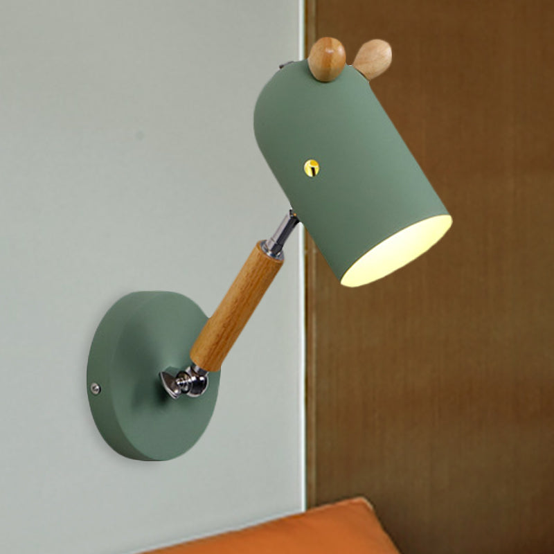Iron Swing Arm Wall Lamp Kids Sconce Fixture - White/Green/Grey Wood, 1 Bulb, Venting Hole