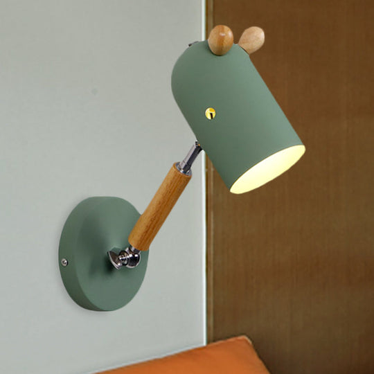 Iron Swing Arm Wall Lamp Kids Sconce Fixture - White/Green/Grey Wood, 1 Bulb, Venting Hole