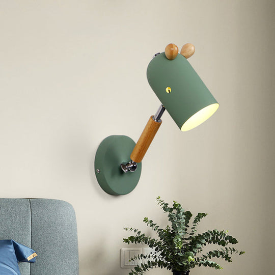 Iron Swing Arm Wall Lamp Kids Sconce Fixture - White/Green/Grey Wood, 1 Bulb, Venting Hole