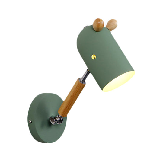 Iron Swing Arm Wall Lamp Kids Sconce Fixture - White/Green/Grey Wood, 1 Bulb, Venting Hole