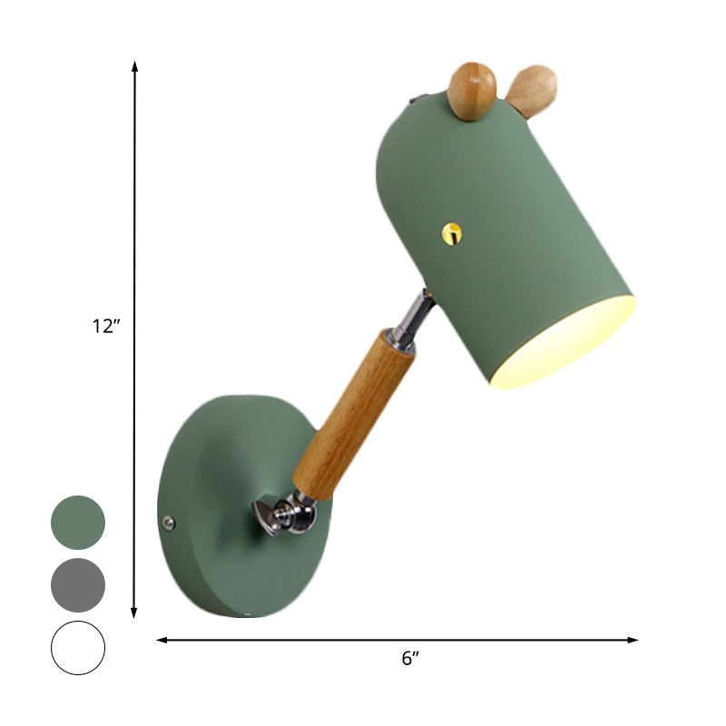 Iron Swing Arm Wall Lamp Kids Sconce Fixture - White/Green/Grey Wood, 1 Bulb, Venting Hole