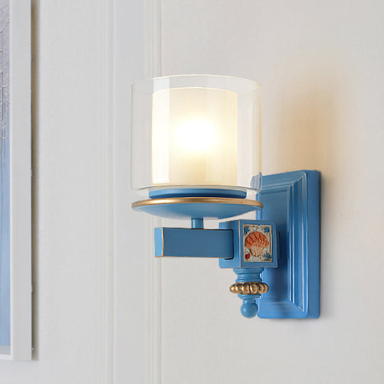 Kids Clear and Frosted Glass Wall Lamp Kit with Blue Arm - Child Room Sconce Fixture, 2 Shades, 1 Head