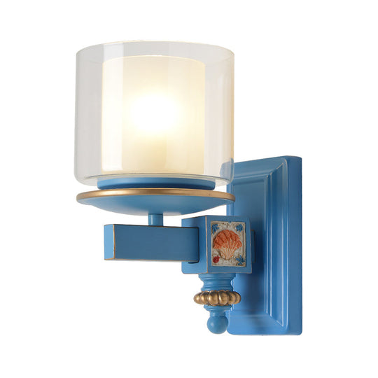 Kids Clear and Frosted Glass Wall Lamp Kit with Blue Arm - Child Room Sconce Fixture, 2 Shades, 1 Head