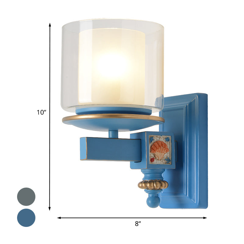 Kids Clear and Frosted Glass Wall Lamp Kit with Blue Arm - Child Room Sconce Fixture, 2 Shades, 1 Head