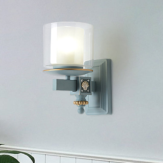 Kids Clear and Frosted Glass Wall Lamp Kit with Blue Arm - Child Room Sconce Fixture, 2 Shades, 1 Head