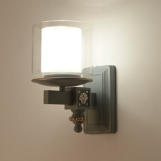 Kids Clear and Frosted Glass Wall Lamp Kit with Blue Arm - Child Room Sconce Fixture, 2 Shades, 1 Head