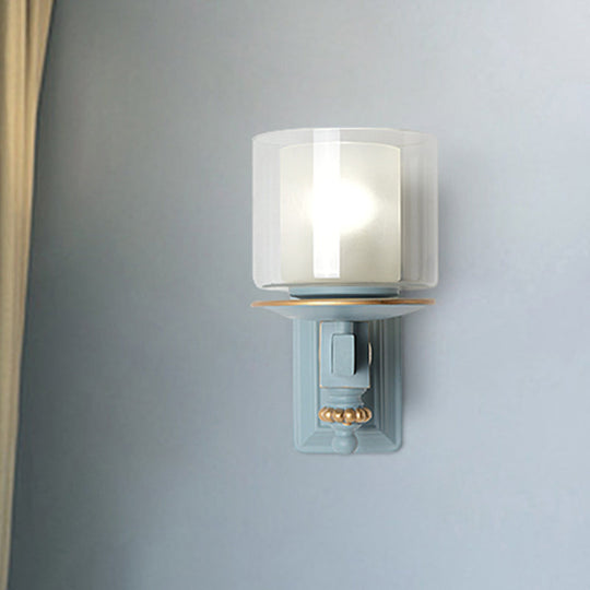 Kids Clear and Frosted Glass Wall Lamp Kit with Blue Arm - Child Room Sconce Fixture, 2 Shades, 1 Head