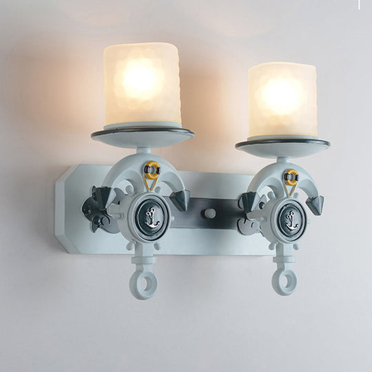 Kids' Water Blue Glass Sconce with Anchor Arm - Wall-mounted Half-Bulb Lamp